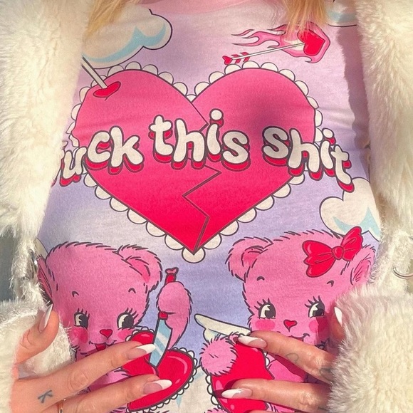 ❤️ Sugar Thrillz F This Valentines Day Pink Teddy Heartbreak Dolls Kill Baby Tee - Picture 3 of 12